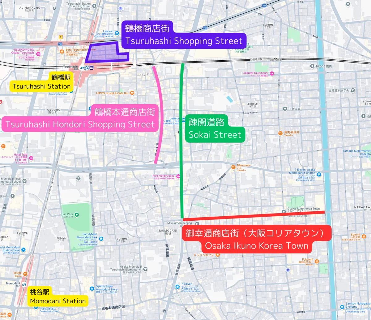 แผนที่พื้นที่ย่านเกาหลีสึรุฮาชิในโอซาก้า