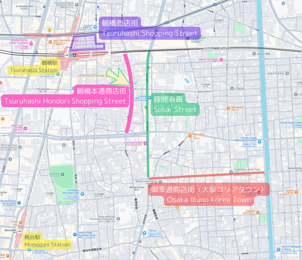 แผนที่ตำแหน่งถนนช้อปปิ้งสึรุฮาชิฮนโทริ