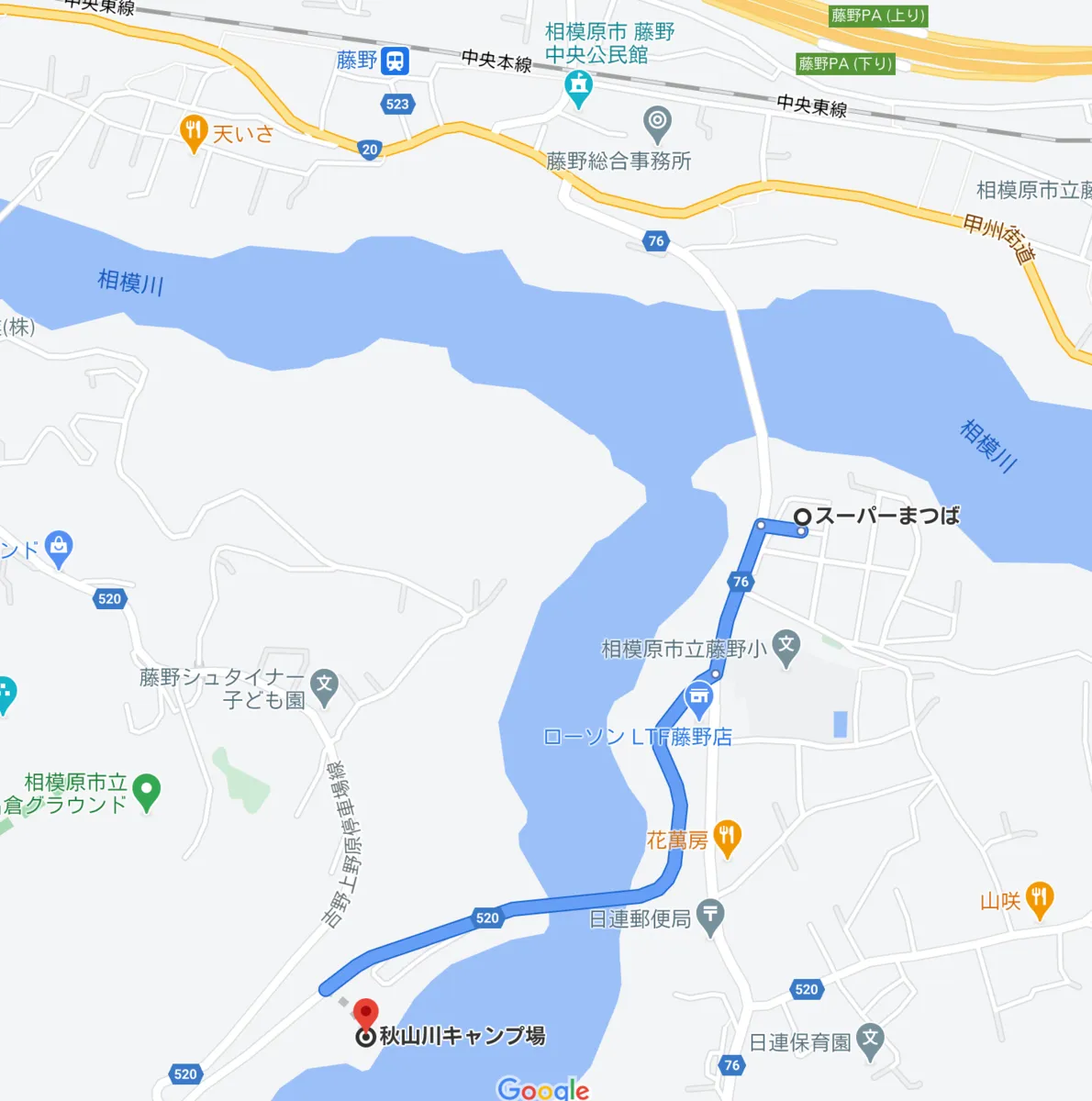 แผนที่และเส้นทางจากมัตสึบะไปยังจุดตั้งแคมป์อากิยามะกาวะ